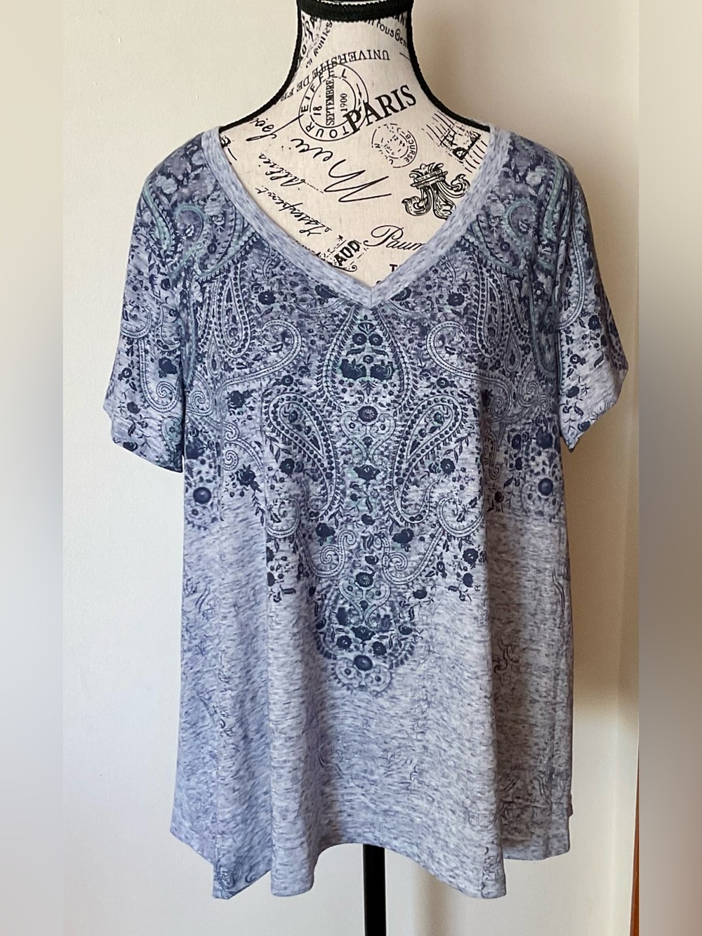 STYLE & CO Blue Paisley Floral Space Dye Casual V Neck Top 1X